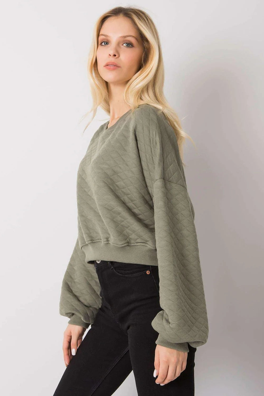Sweatshirt femme moderne décontracté tissu matelassé kaki losanges manches longues ample urban casual