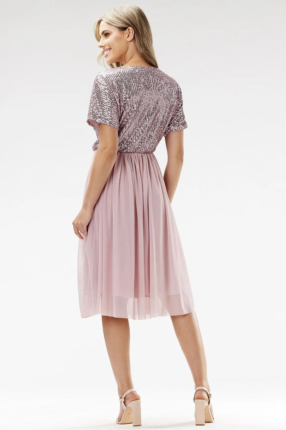 Awama robe soirée mi longue paillettes tulle col rond manches courtes taille cintrée jupe évasée plissée doublée femme