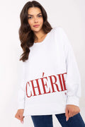 Sweatshirt capuche femme blanc imprimé CHÉRIE rouge oversize jersey doux coton élasthanne manches longues poignets côtelés ourlet hanches