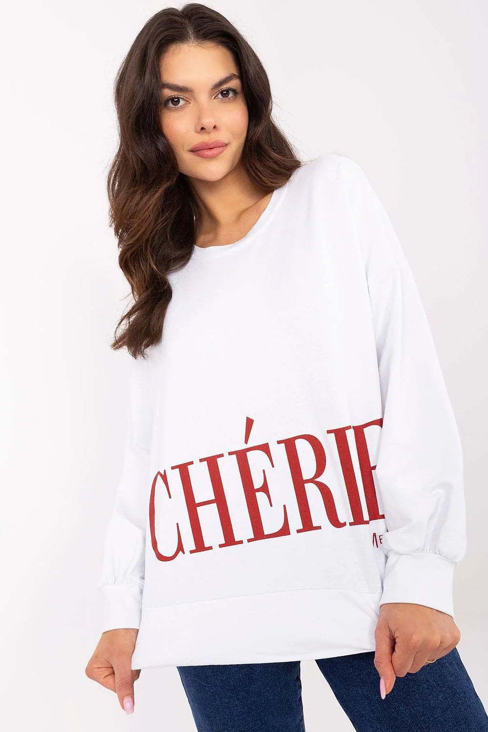 Sweatshirt capuche femme blanc imprimé CHÉRIE rouge oversize jersey doux coton élasthanne manches longues poignets côtelés ourlet hanches