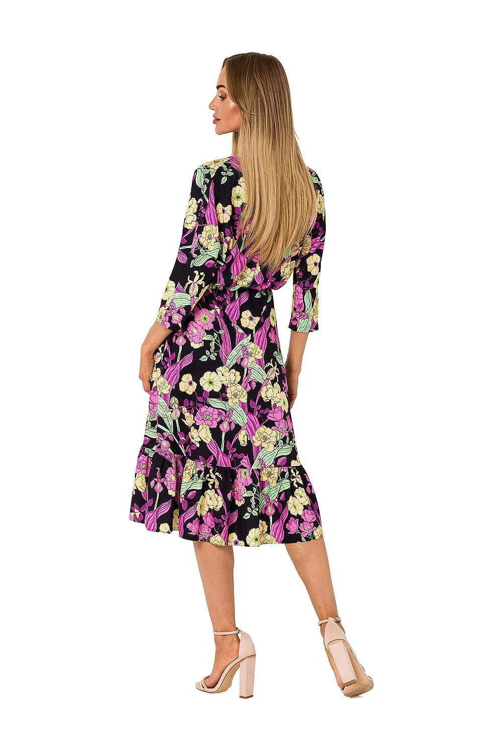 Robe estivale féminine midi en V cache-cœur manches 3/4 tissu fluide motifs floraux coloris turquoise femme