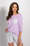 Pyjama coton lavande gris pois manches trois-quarts haut col rond poche short cordon ourlets fins décontracté femme minimaliste