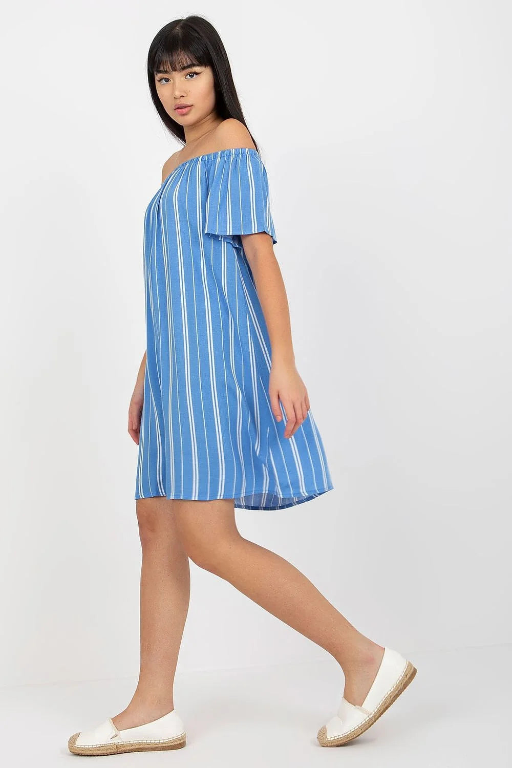 Robe été style décontracté viscose 100% bleu vif rayures verticales blanches tailles XS à XL femme