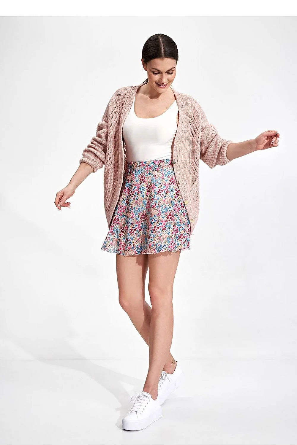 Set Mode Femme Cardigan Tricot Rose Débardeur Blanc Jupe Évasée Imprimée Floral Coupe Décontractée Matière Douce