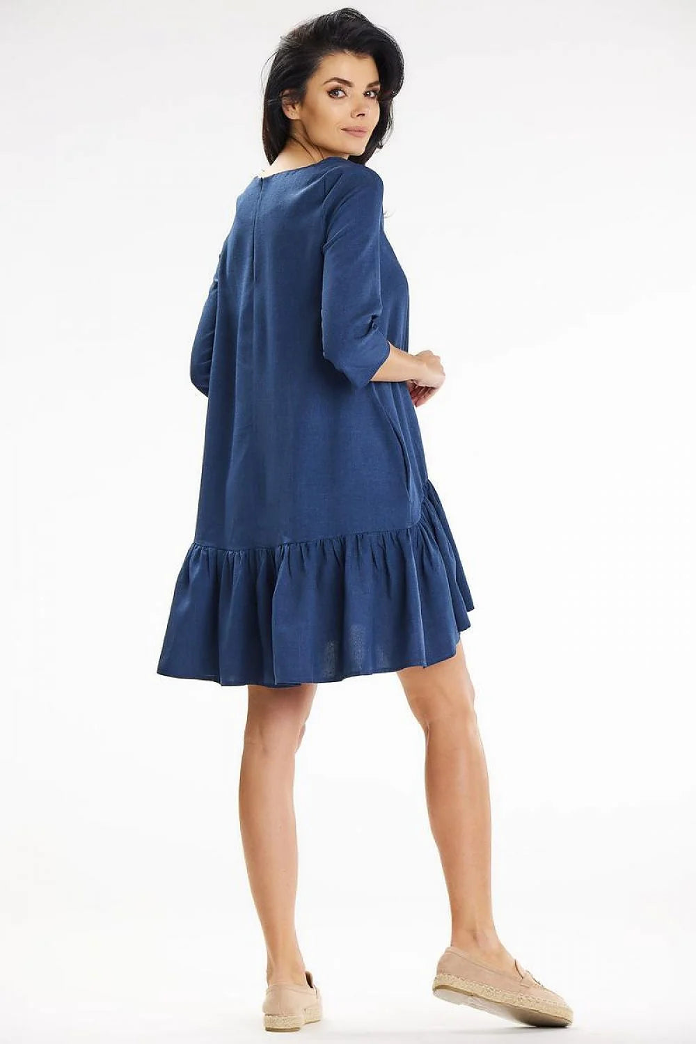 Robe de jour trapeze ample mini manches 3/4 volants ourlet asymétrique bleu profond mélange polyester femme été versatile