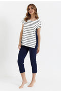 pyjama Cana femme deux pièces marinière rayures bleu marine manches courtes col rond coupe ample pantalon slim trois quarts confortable