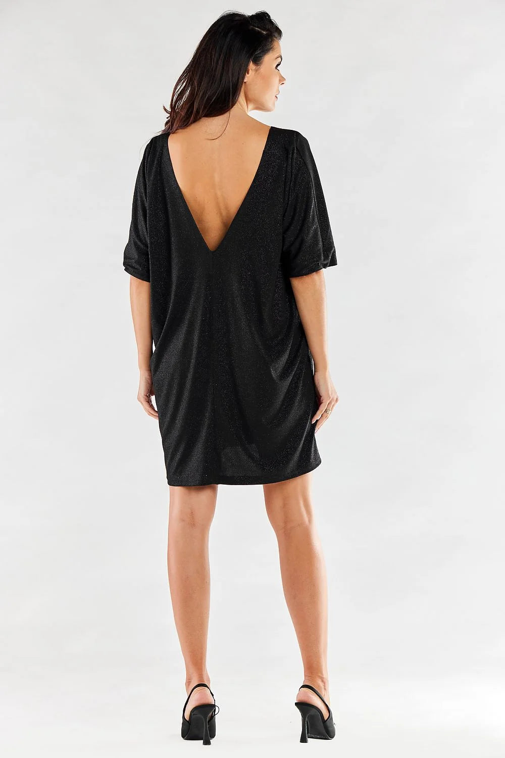 robe soirée rouge éclatante manches trois quarts col V plongeant coupe oversize tunique mi cuisses stretch irisé métallisé élasthanne confortable