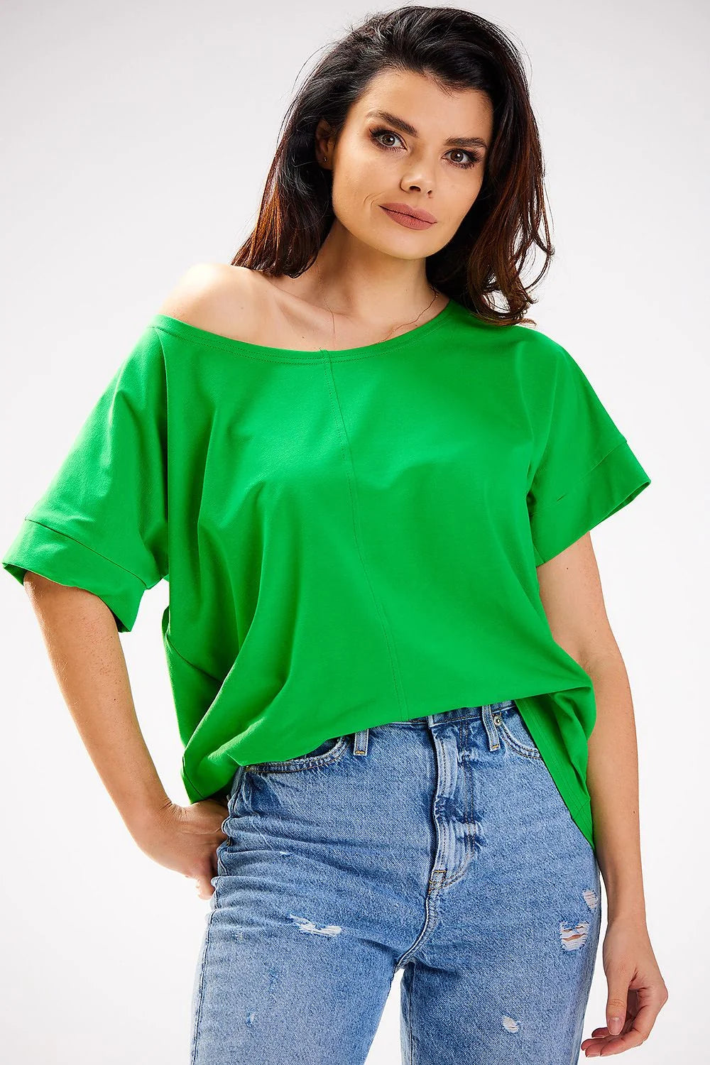 Chemisier décontracté féminin ample col large porté épaules nues style moderne tunique verte vif robe Casual été femme