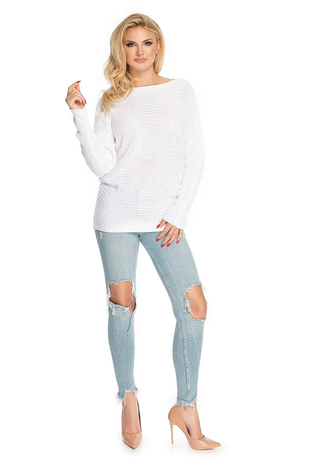 Pull femme style moderne élégant encolure bateau manches longues coupe ample ourlet côtelé matériau acrylique 100% couleur rouge vif