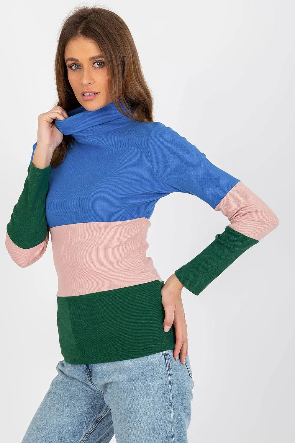 Col roulé Relevance Design multicolore Maille côtelée Femme Coupe ajustée Manches longues Matière élasthanne Coton 90%