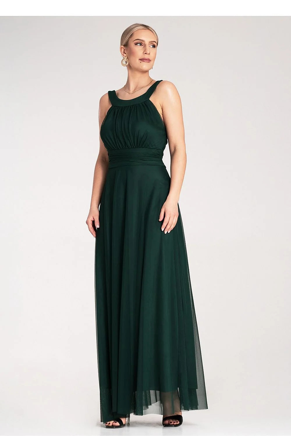 Robe de soirée élégante longue sans manches décolleté arrondi bretelles larges taille cintrée tissu mousseline vert foncé tulle effet transparent femme polyester elasthanne
