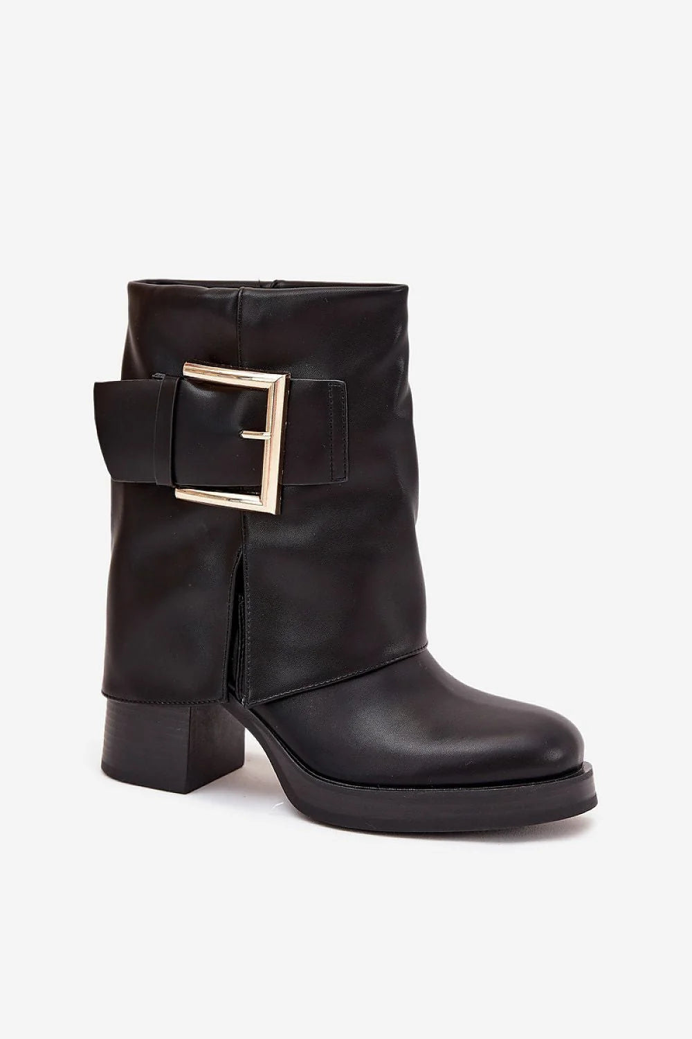 bottines femme cuir écologique noir bout rond doublure fourrure synthétique talon bloc haut plateforme semelle boucle dorée enfiler confort chaleur