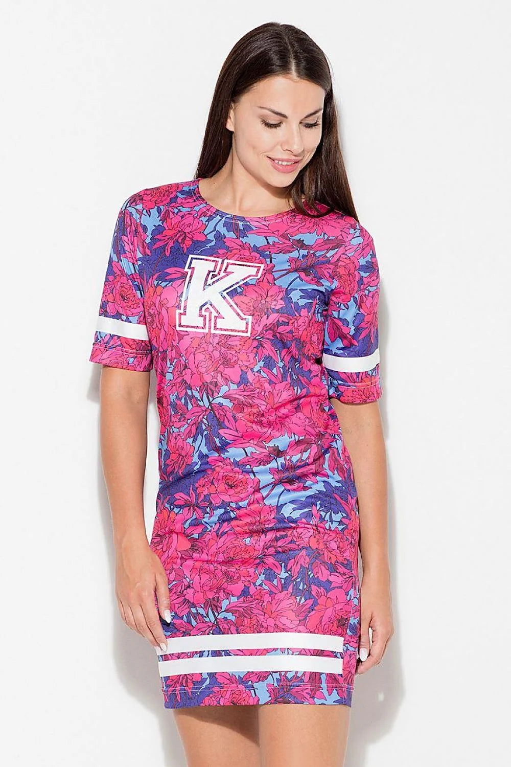 Robe t-shirt longue polyester moderne élégante motif floral rayures bleue blanche confort décontracté femme