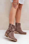 Bottes féminines en suédine taupe design moderne talon bois occasionnels hiver automne style chic décontracté