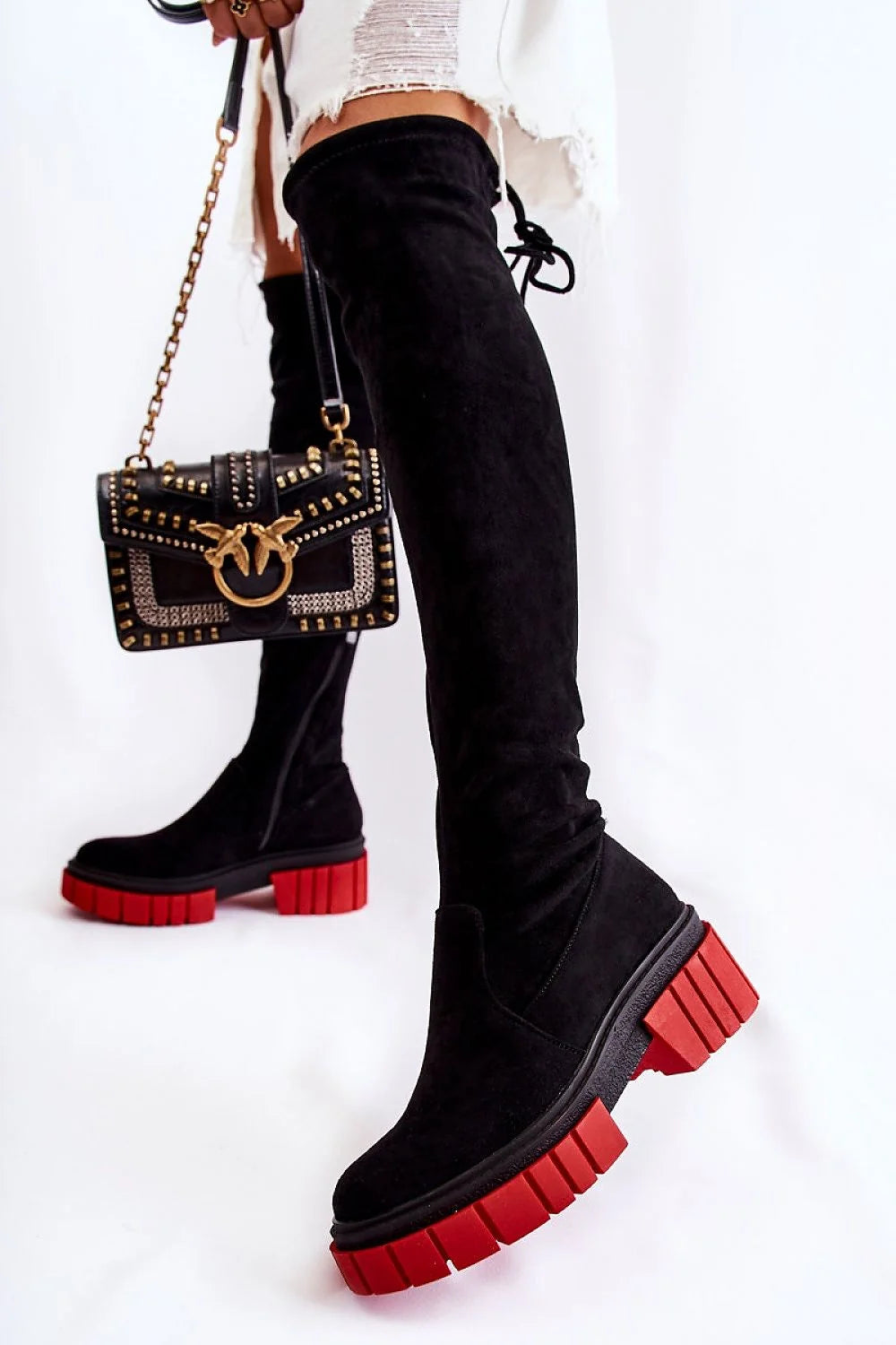 Bottes hautes pour femmes en éco-suède noires style audacieux talon plateforme rouge ajustables cuissardes mode élégant veste ajustable