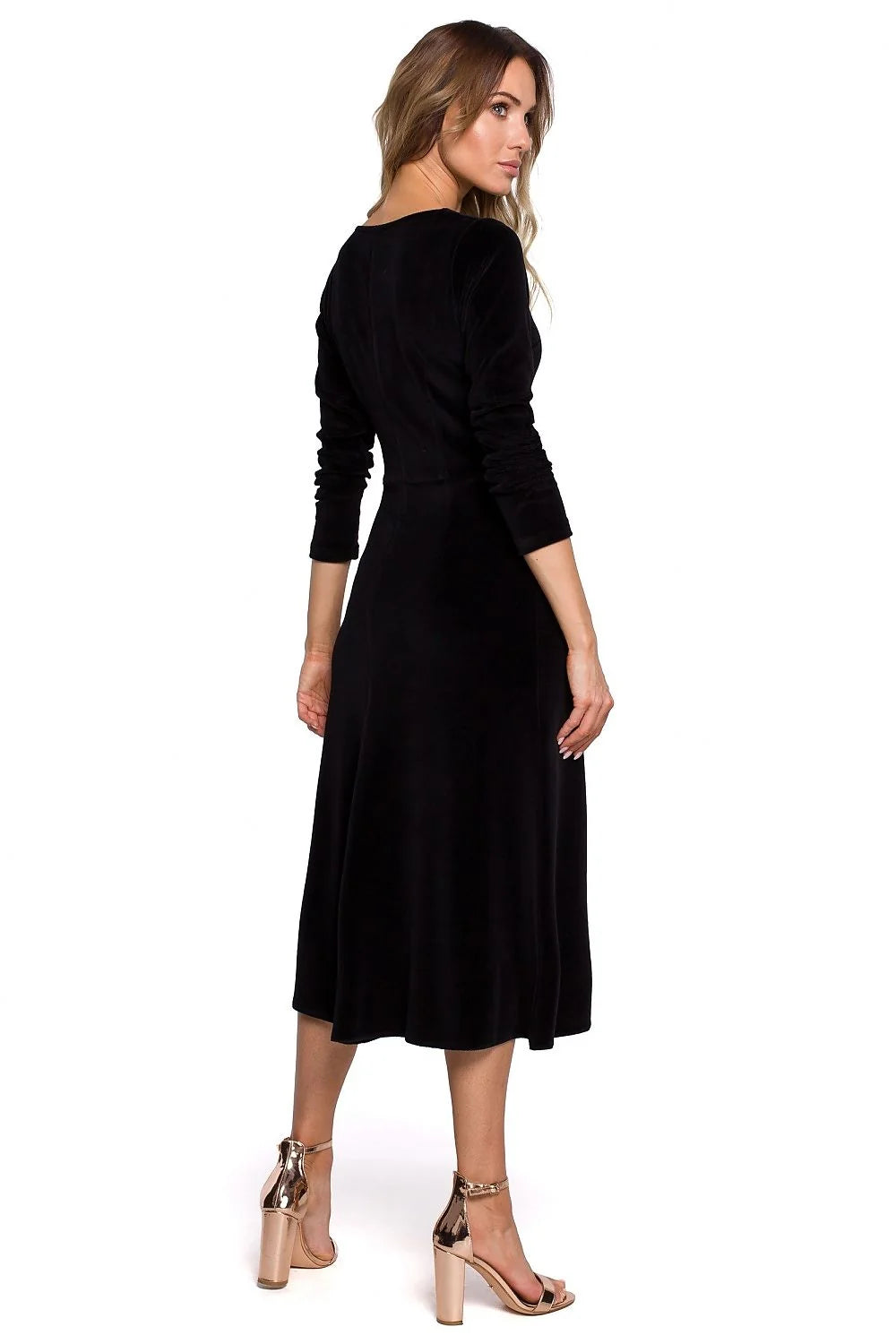Robe élégante en velours noir chic manches longues volants mi-longue soirée femme style classique