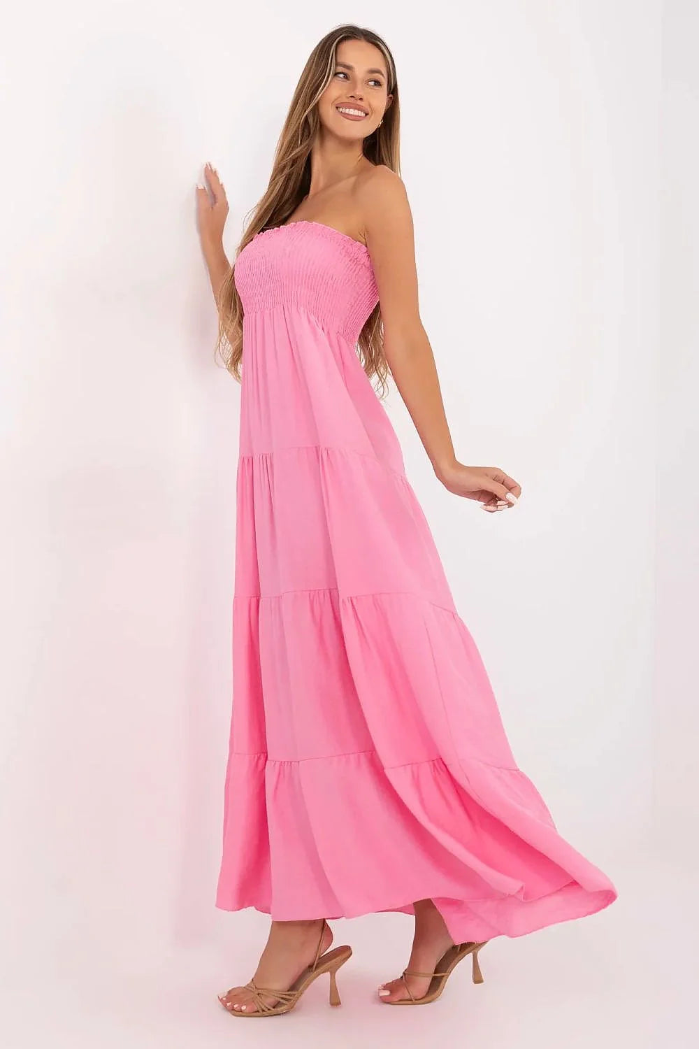 Robe longue boho-chic bustier rose vif coton Empire ruffles femme été décontractée