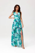Robe de jour Roco Fashion longue sans manches en mousseline bleue turquoise verte dentelle noire taille ajustable femme