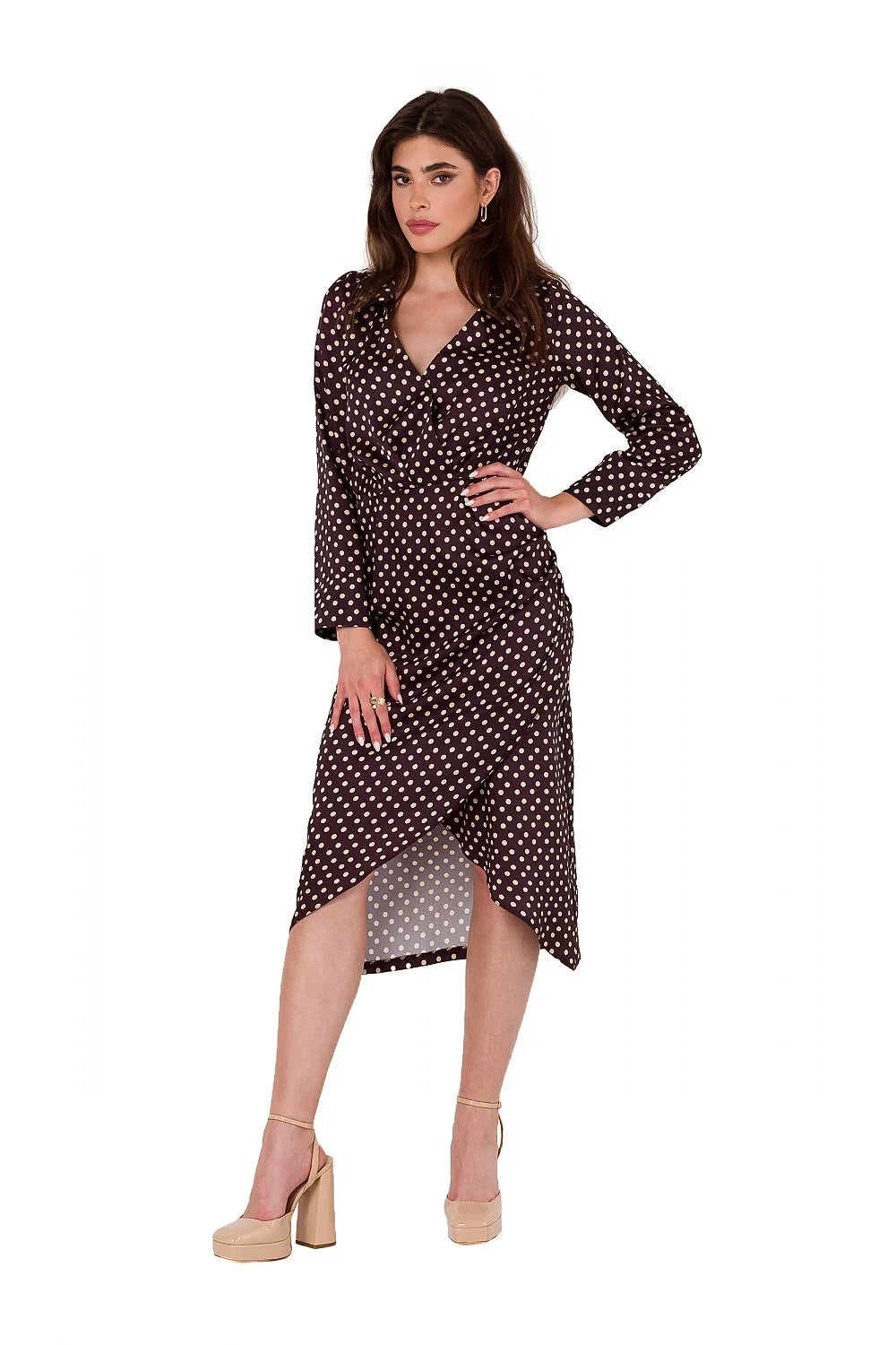 Robe de cocktail élégante Makover couleur marron foncé pois blancs manches longues encolure en V silhouette ajustée femme