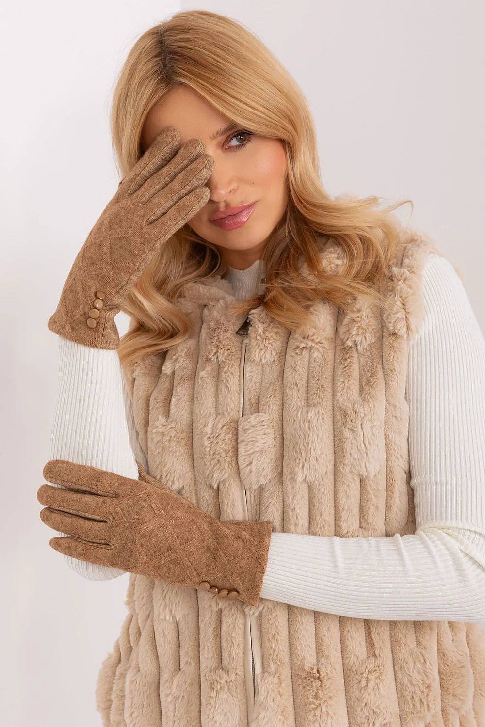 Gants élégants pour femme en suédine motif géométrique décoratif boutons poignet gilet sans manches fourrure imitation beige camel