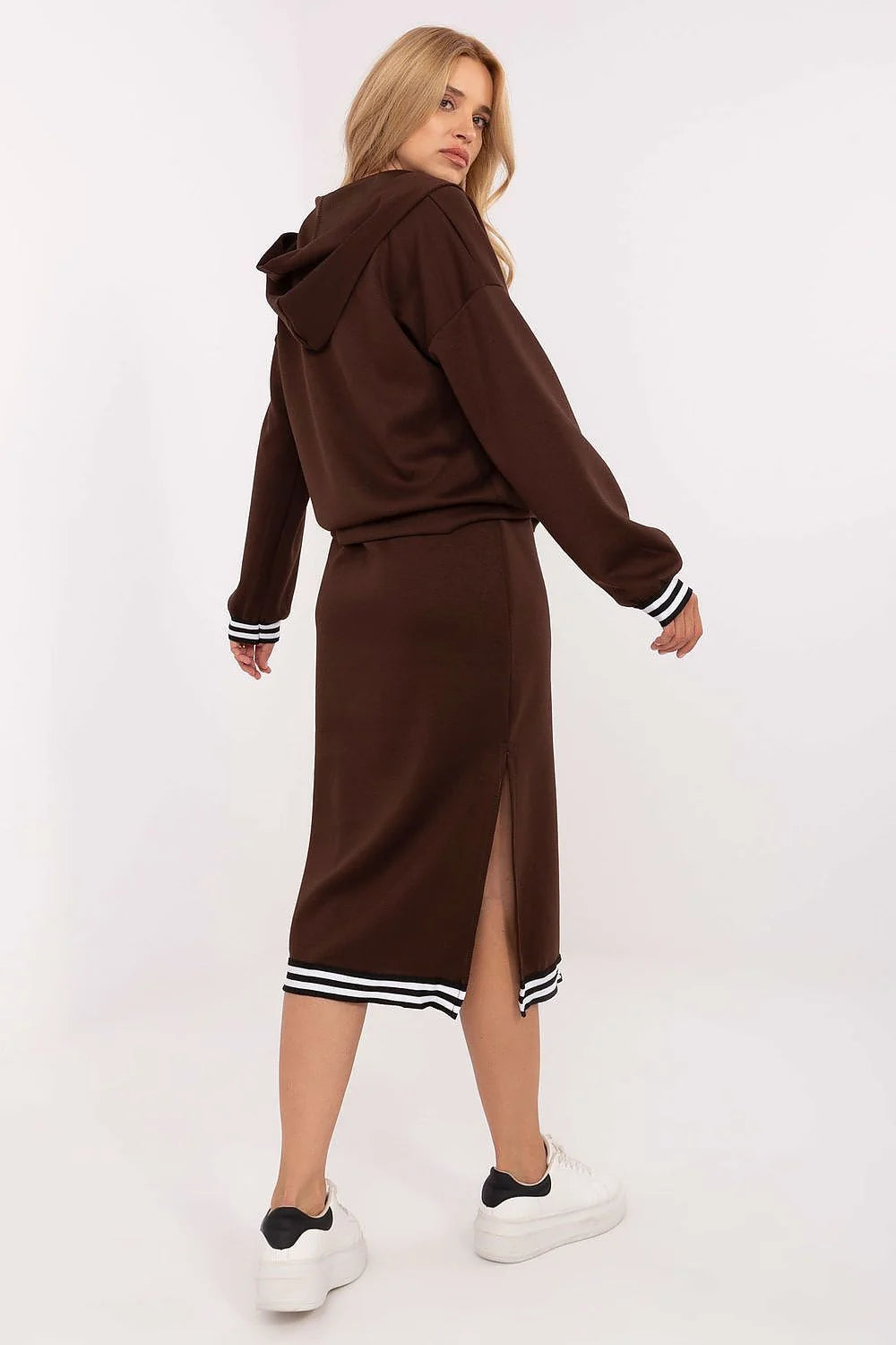 ensemble casual femme deux pieces molleton chocolat sweat capuche zippé oversize jupe midi droite douceur stretch viscose élasthanne sportswear
