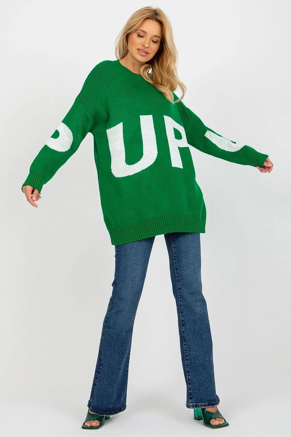 Pull oversize Rue Paris lettrage graphique bleu vif coupe moderne manches longues encolure ronde femmes