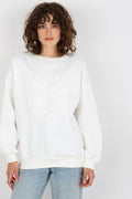 sweatshirt femme oversize molleton blanc col rond epaules tombantes manches longues bordcotes maintien broderie tete lion discret coton elasthanne