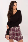 chemisier femme col V côtelée noire manches longues coupe ajustée maille fine extensible coton élasthanne confortable décontractée polyvalente chic casual