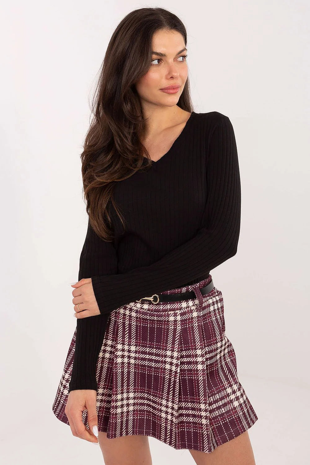 chemisier femme col V côtelée noire manches longues coupe ajustée maille fine extensible coton élasthanne confortable décontractée polyvalente chic casual