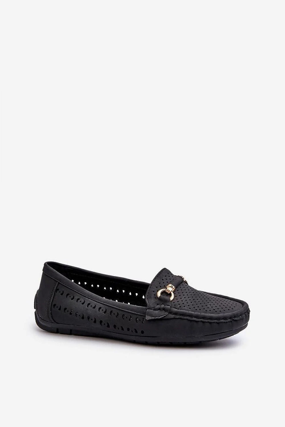 mocassins femmes élégant cuir synthétique noir doré perforé respirant confortables semelle souple antidérapante bout arrondi tressé