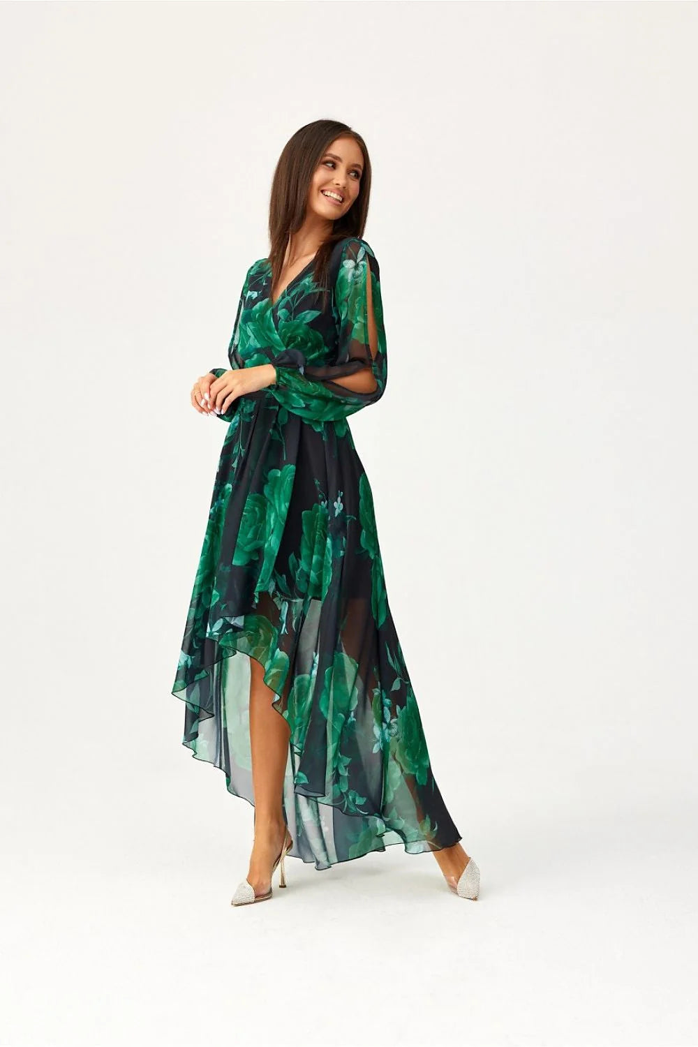 Robe de jour Roco Fashion asymétrique longue manches longues décolleté V croisé motifs floraux verts sur fond noir taille ajustable femme