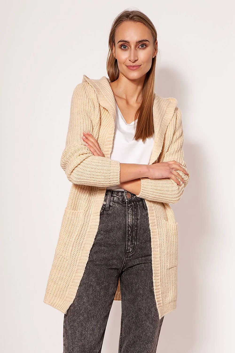 Cardigan long ouvert pour femme en tricot maille rouge vif coupe ample épaules tombantes manches longues poches intégrées matières mixtes acrylique polyester laine