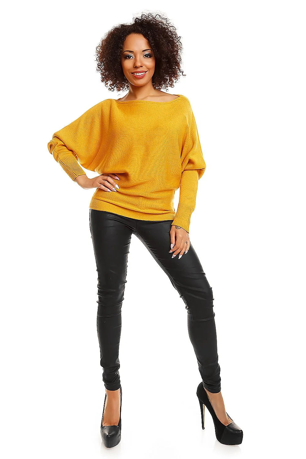 Blouse chauve-souris Pee Ka Boo en acrylique jaune moutarde, coupe ample, manches longues, encolure bateau, occasion casual chic pour femme
