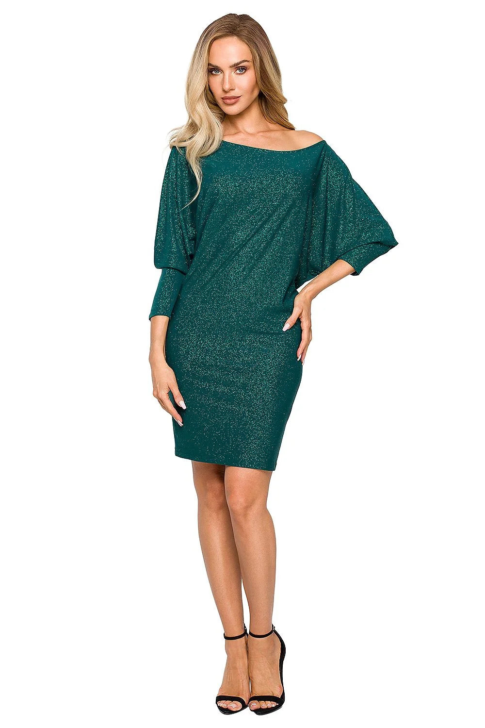 Robe de soirée élégante vert émeraude manches chauve-souris encolure bateau tissu scintillant polyester élasthanne femmes soirées événements