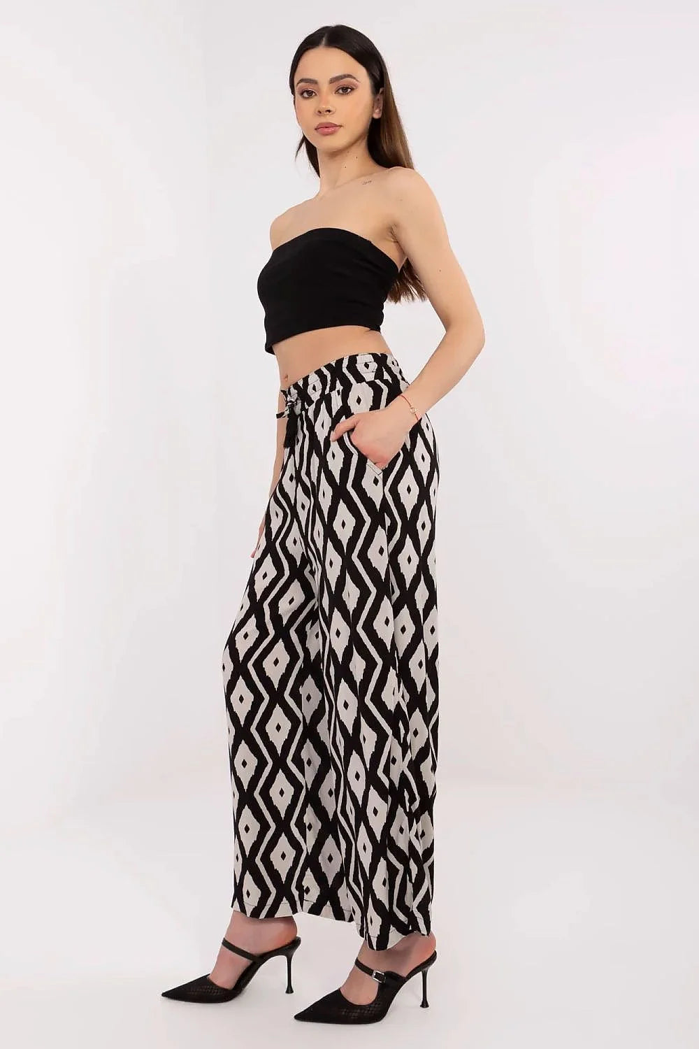 Pantalon femme Sublevel en viscose aérée, style décontracté, taille haute ajustable, motif géométrique, idéal pour look moderne