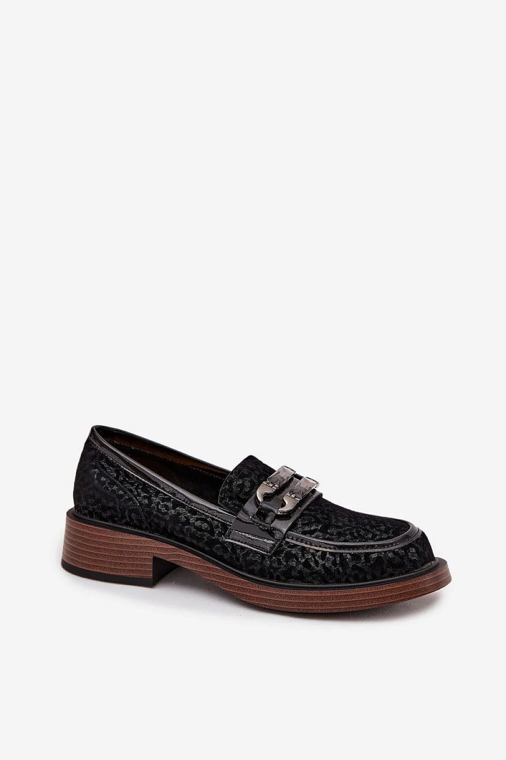 mocassins femme daim noir velours texturé empiècements vernis boucle métallique cristaux talon bloc bas semelle effet bois bout arrondi slipon