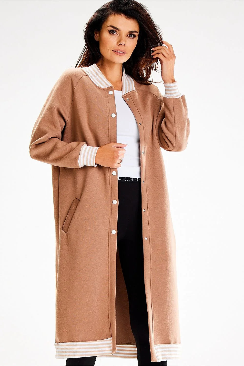 Sweatshirt long pour femme moderne à bandes côtelées, boutons-pression et poches à glissière, en coton élasthanne, taille ajustable