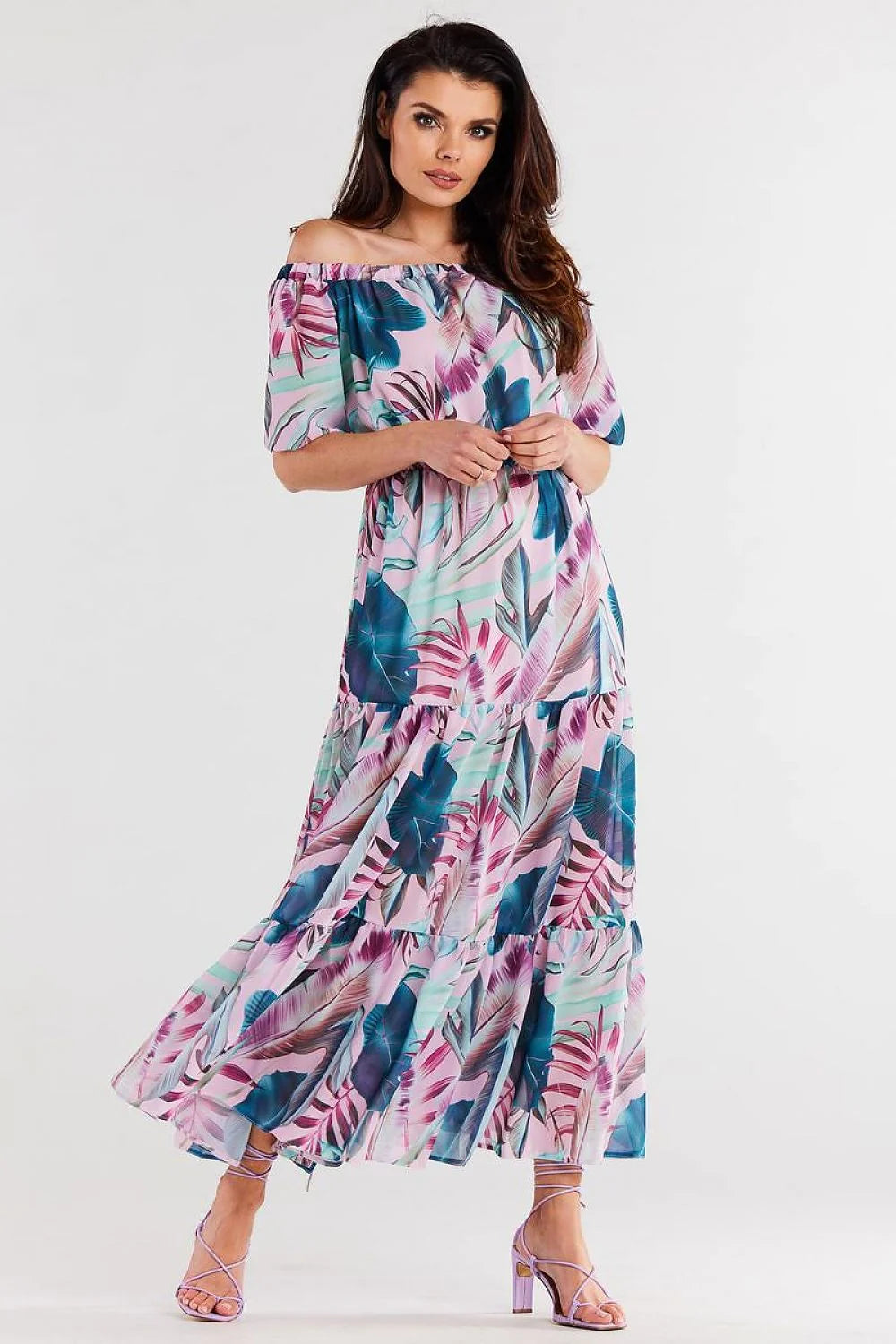 robe longue estivale offshoulder épaulesdénudées manchescourtes polyester fluide légère voile imprimé tropical feuilles pastel rose turquoise bleucanard volants tiers