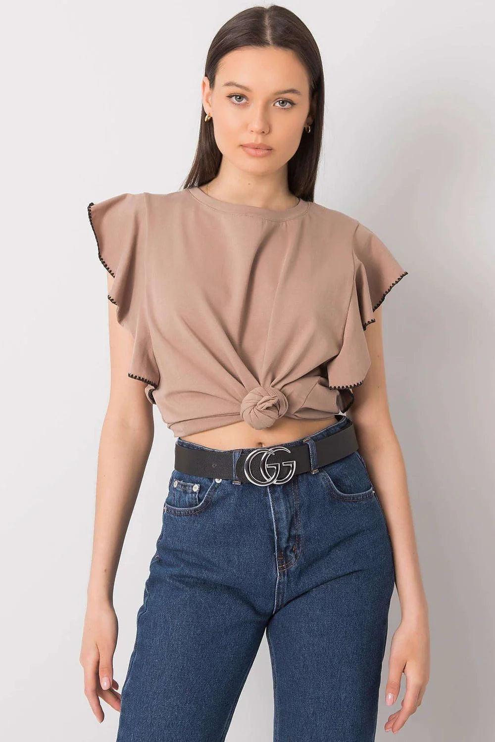 chemisier fancy élégant manches volants coton stretch confortable respirant coupe ample fluide col rond finition noire contrastée polyvalent féminin