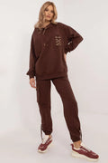 Ensemble jogging mode femme élégant coton élasthanne brun chocolat capuche poche lacing slim fit