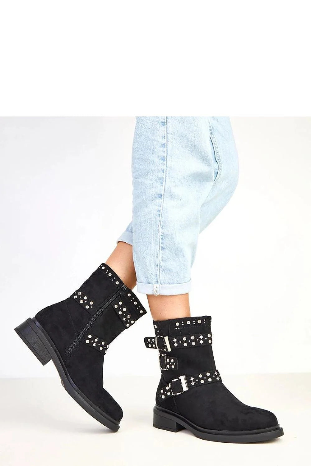bottines femme cuir suédé écologique noir motardes mi mollet bout rond talon bloc 4cm tige 18cm sangles boucles zircons brillants