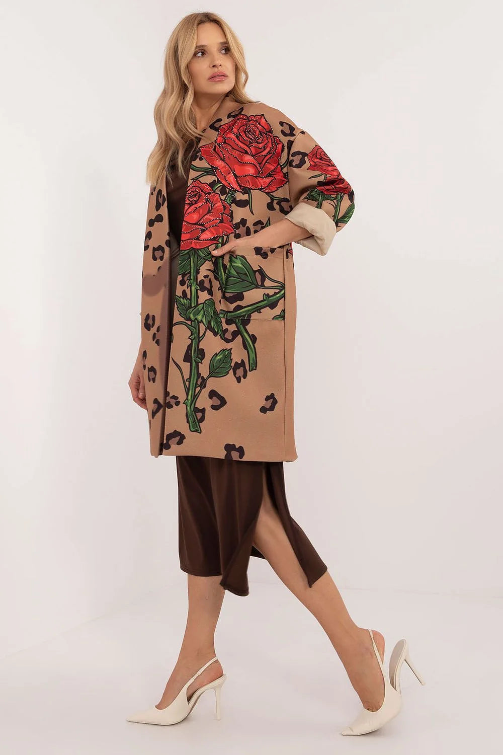 Manteau audacieux pour femme motifs léopard et fleurs longueur genou manches longues style décontracté-chic