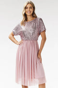 Awama robe soirée mi longue paillettes tulle col rond manches courtes taille cintrée jupe évasée plissée doublée femme