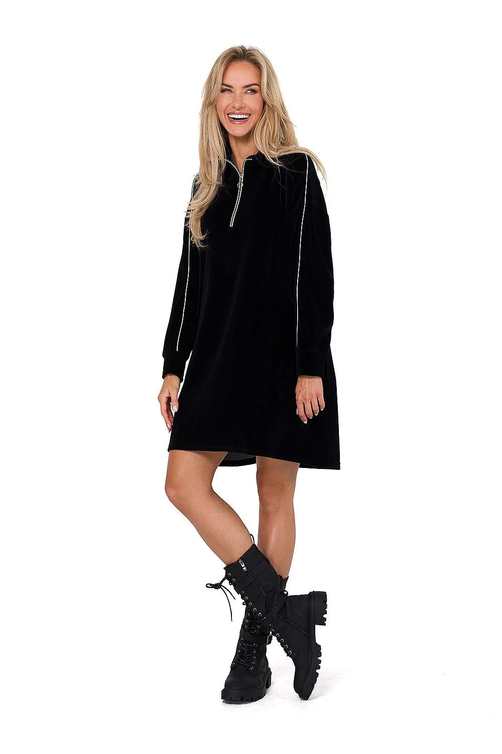 Robe de jour Moe en velours noir longues manches col montant asymétrique moderne femme