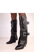 bottes cothurnes hautes genou similicuir noir motardes pointu taloncompensé 8cm confortable doublure chaude boucles décoratives réglables fendu fermetureéclair latérale élégantes