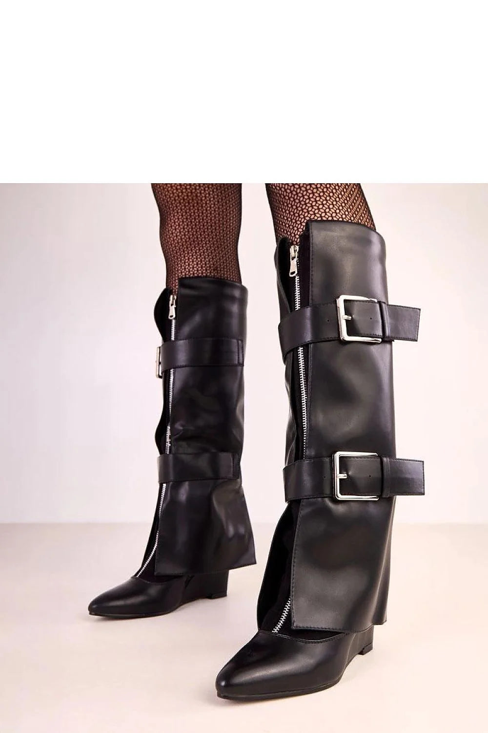 bottes cothurnes hautes genou similicuir noir motardes pointu taloncompensé 8cm confortable doublure chaude boucles décoratives réglables fendu fermetureéclair latérale élégantes
