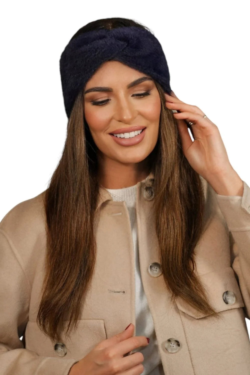 Bandeau d'hiver féminin élégant en peluche bleu marine avec nœud, confortable et stylé pour femmes