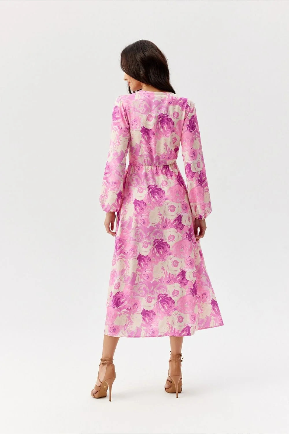 Robe de jour Roco Fashion élégante longues manches coupe portefeuille motif floral rose violet femme