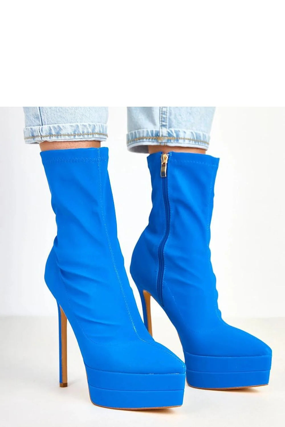 bottines femme satin bleu cobalt lustré élégantes féminines bout pointu talon aiguille très haut plateforme compensée tige montante zippée dorée
