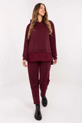 ensemble femme bordeaux molleton oversize sweat capuche pantalon fuselé cheville côtelés poignets taille élastique poches strass dentelle confortable